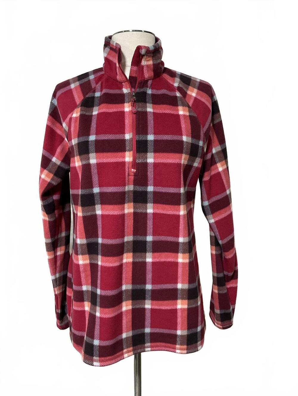 Eddie Bauer Women's Medium Red Plaid Fleece Pullover b33